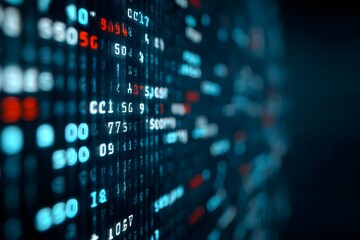 
Close-up of an interactive screen displaying code in the foreground, with blurred-out digital marketing tools and tech gadgets in the background