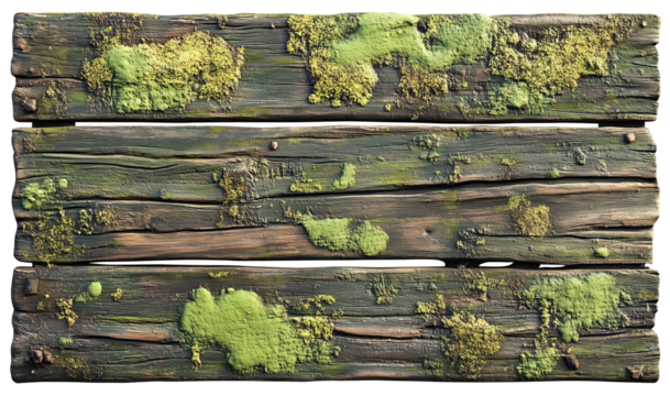 Weathered wooden planks with green moss and lichen create rustic texture., isolated