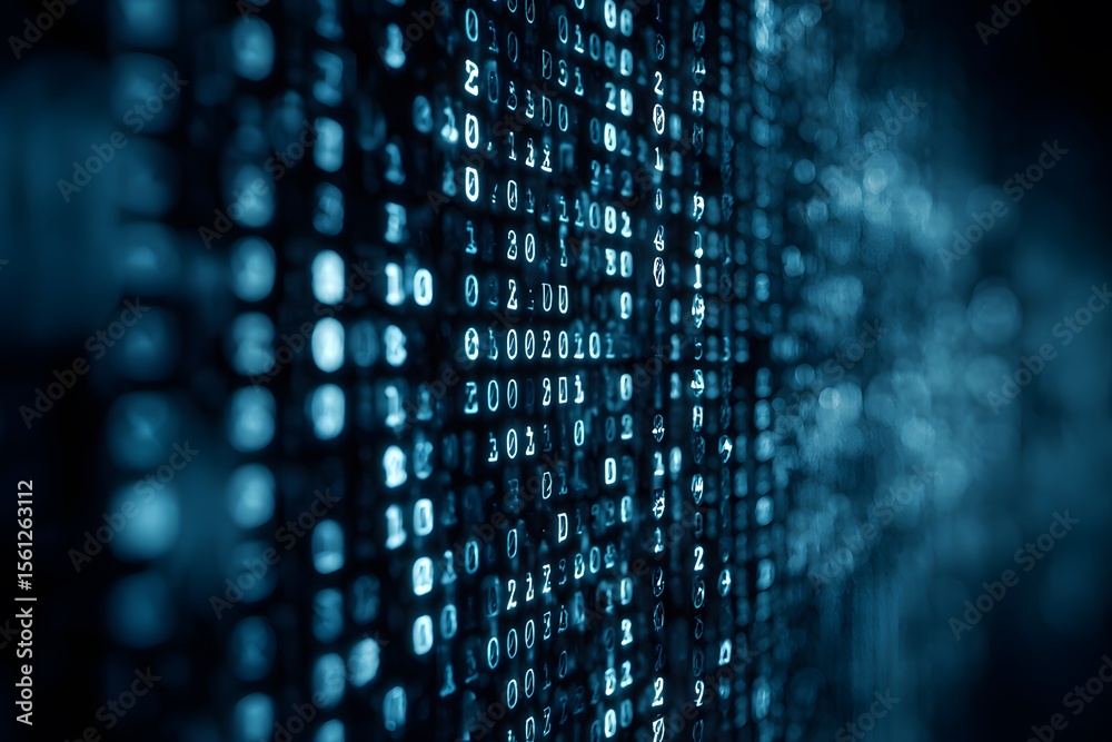 Fototapete close-up of an interactive screen displaying code in the foreground, with blurred-out digital market
