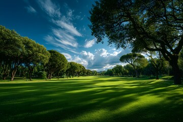 Naklejka premium Sunny Green Park Landscape with Dramatic Clouds
