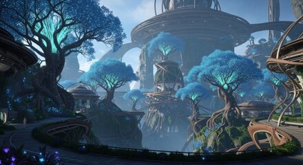 Enchanting Sci-Fi Cityscape with Bioluminescent Flora and Advanced Architecture