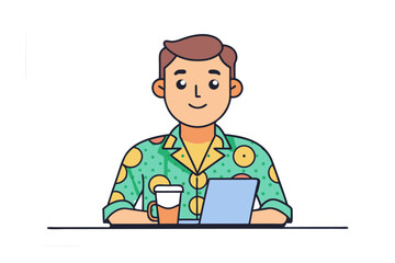 A cheerful cartoon man wearing a patterned shirt sits at a desk working on a laptop with a drink