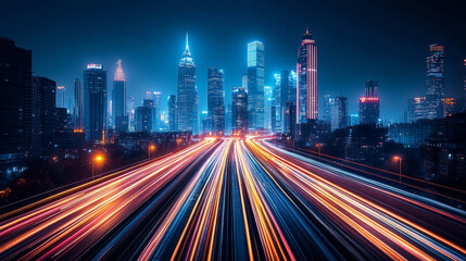Obraz premium Dynamic cityscape showcases illuminated skyscrapers and light trails from vehicle traffic at night