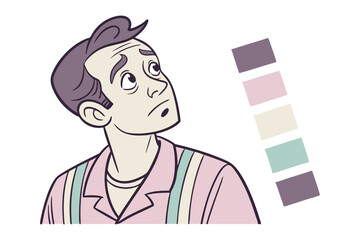 Introspective Man with a Palette: This illustration features a man in a light pink shirt with a concerned expression, gazing upward with an array of pastel colors, embodying a sense of contemplation.