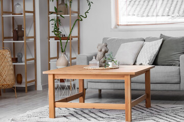 Interior of light living room with sofa, table and houseplants