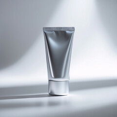 high detail closeup image of aluminum tube for skincare in silver tone on white background with natural daylight product display design template