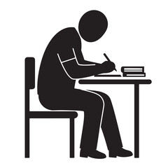 Silhouette of a person sitting at a desk writing with books in black and white