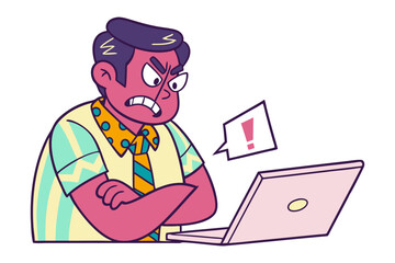 Frustrated businessman expressing anger and exasperation while working on his laptop with an exclamation mark speech bubble