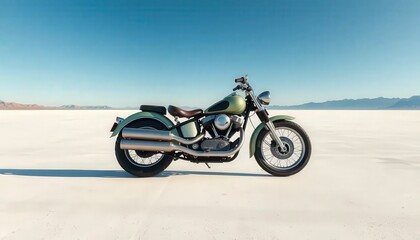 Obraz premium Side-view mockup of a retro motorcycle positioned on a wide salt flat expanse. Clean horizon and high contrast perfect for speed, minimalism, or endurance themes.