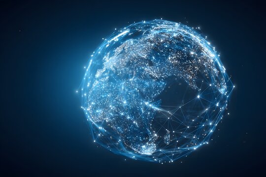 
Digital earth globe with a global network and connectivity concept on a dark blue background, an AI technology theme.

