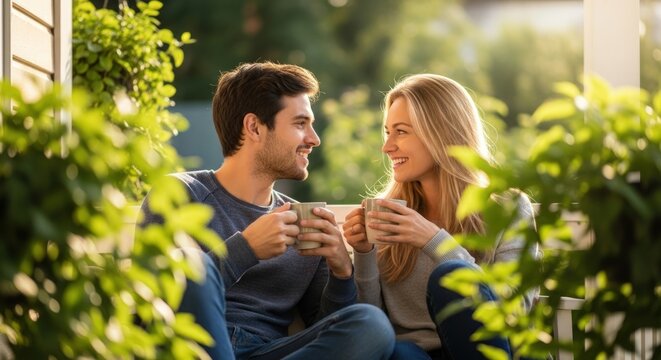 A happy couple enjoying coffee together on a porch surrounded by lush green foliage in the sunlight