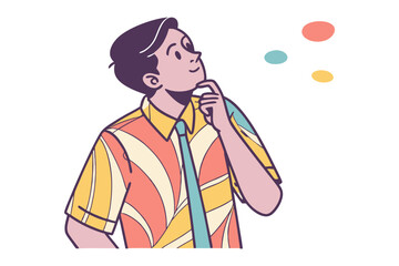 A young man with a thoughtful expression and a brightly colored patterned shirt ponders abstract ideas floating above him