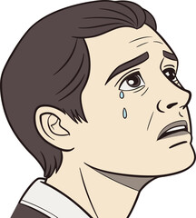 Man with teary eyes looking up in disbelief expressing raw sorrow and emotional breakdown