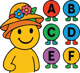 Fototapeta premium Cheerful Alphabet Learning Character with Colorful Letter Circles vector illustration