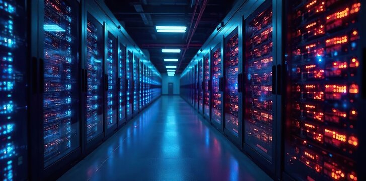 Advanced Data Center Glowing Network Infrastructure and Interconnected Servers in a Sleek Futuristic Setting