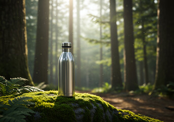 Stainless Steel Water Bottle in a Misty Forest