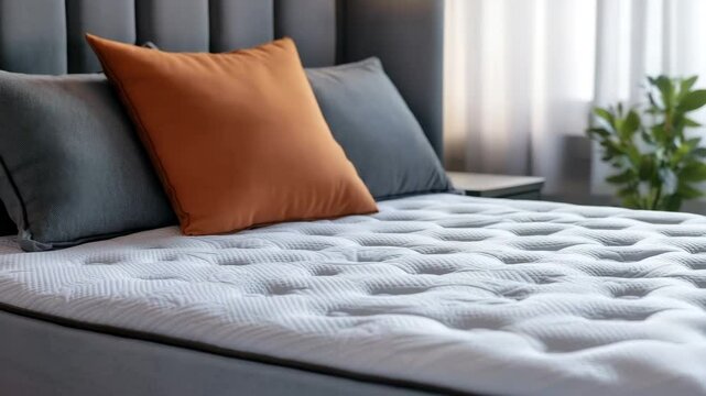 Modern bedroom featuring white textured mattress, soft pillows, and orange cushion with gray accents, creating cozy comfort and stylish bed atmosphere with natural light