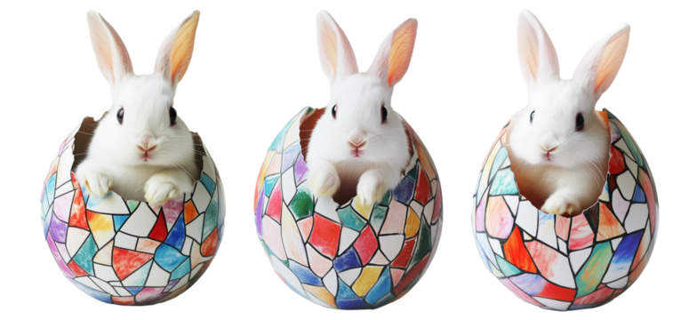 Adorable fluffy bunny peeking out from broken mosaic-patterned egg isolated on white transparent background. Symbolizing Easter, spring, and new beginnings