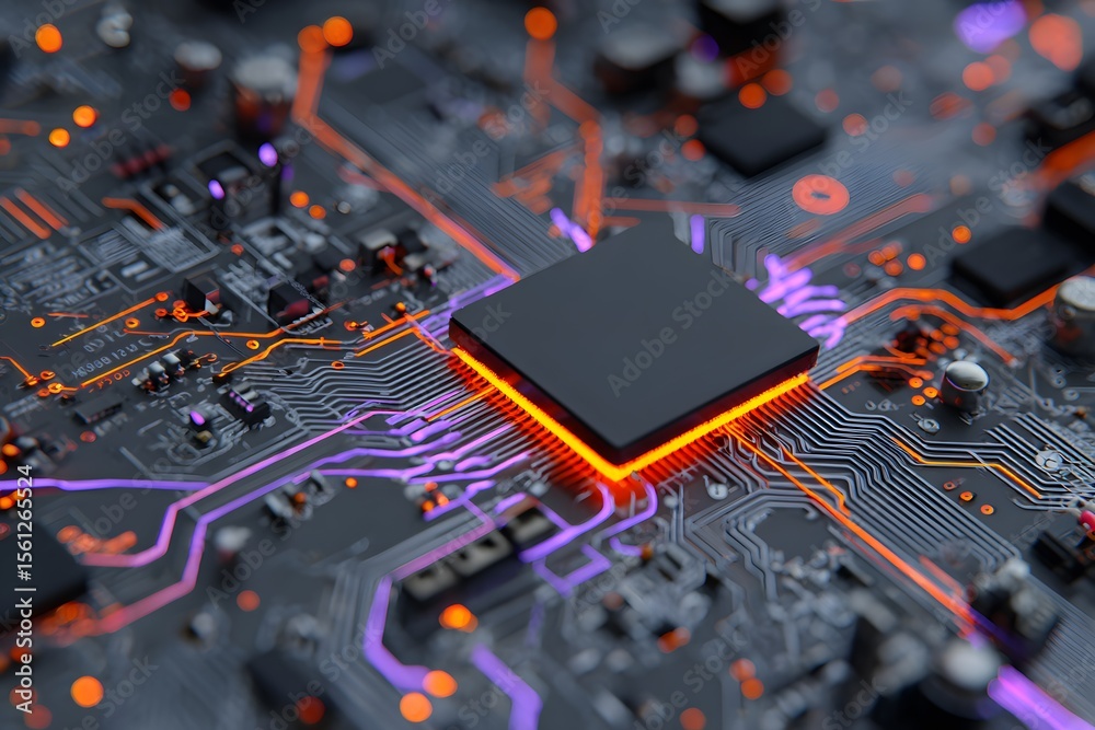 Poster high-tech circuit board with a glowing chip and digital data, a futuristic computer technology conce