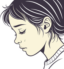 Girl looking down with soft eyes and tearful expression in delicate emotional moment of sadness