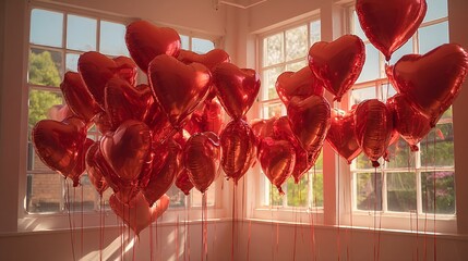 Heart Shaped Red Balloons Tied Together for Celebrations and Romantic Occasions in Bright Room