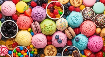 Fototapeta premium Vibrant Assortment of Sweet Treats Including Colorful Ice Cream Scoops and Fresh Berries Perfect for Summer
