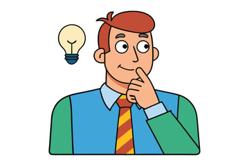 Cartoon businessman with chin resting on finger contemplating a bright idea represented by a glowing light bulb above his head