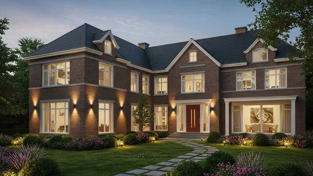 Elegant brick house with illuminated windows and garden pathway  