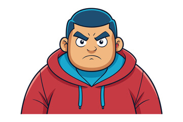 Naklejka premium Angry Cartoon Man: A cartoon illustration of a stout man with a grumpy expression, wearing a red hoodie. 