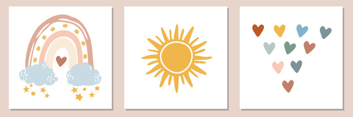 Boho Nursery Art Collection Rainbow, Sun, and Hearts. A charming set of three vector illustrations perfect for a baby's nursery and children's room.