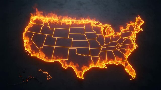 United States map outlined in flames on dark background  