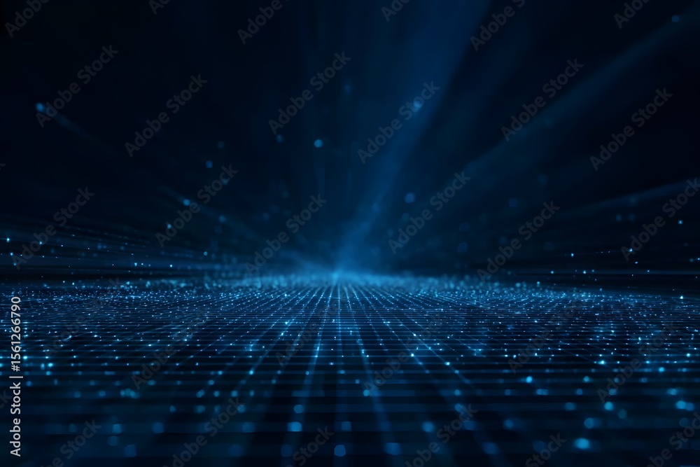 Fototapete Abstract blue digital grid background with light rays and space for text. Digital technology, big data or cyber security concept.