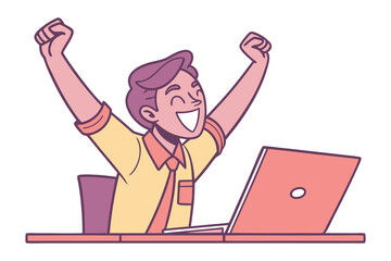Excited person celebrating success while working on a laptop raising arms in triumph and joyful expression