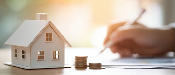 The house model and coins representing investment and financial planning.
