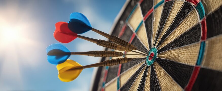 The darts hitting the target in a competitive outdoor game setting