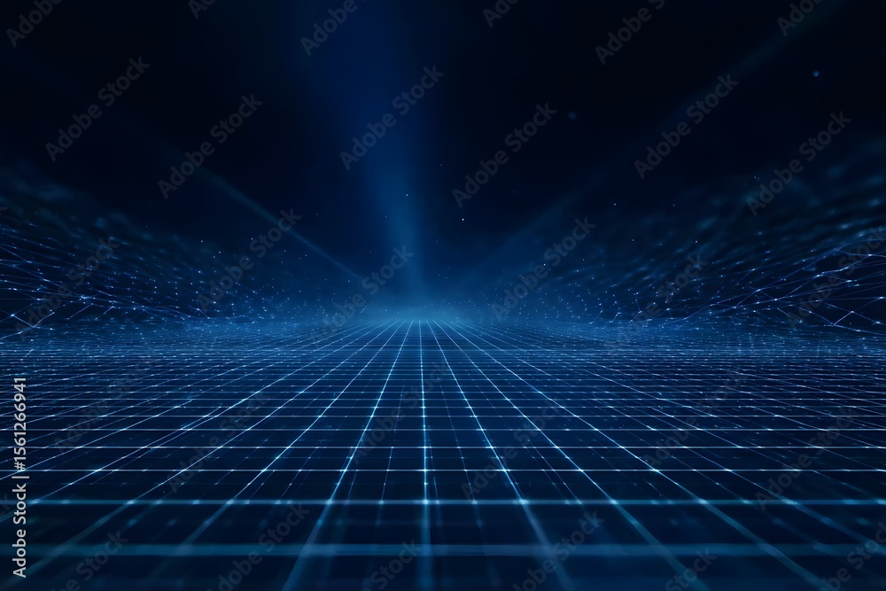 Fototapete abstract blue digital grid background with light rays and space for text. digital technology, big da