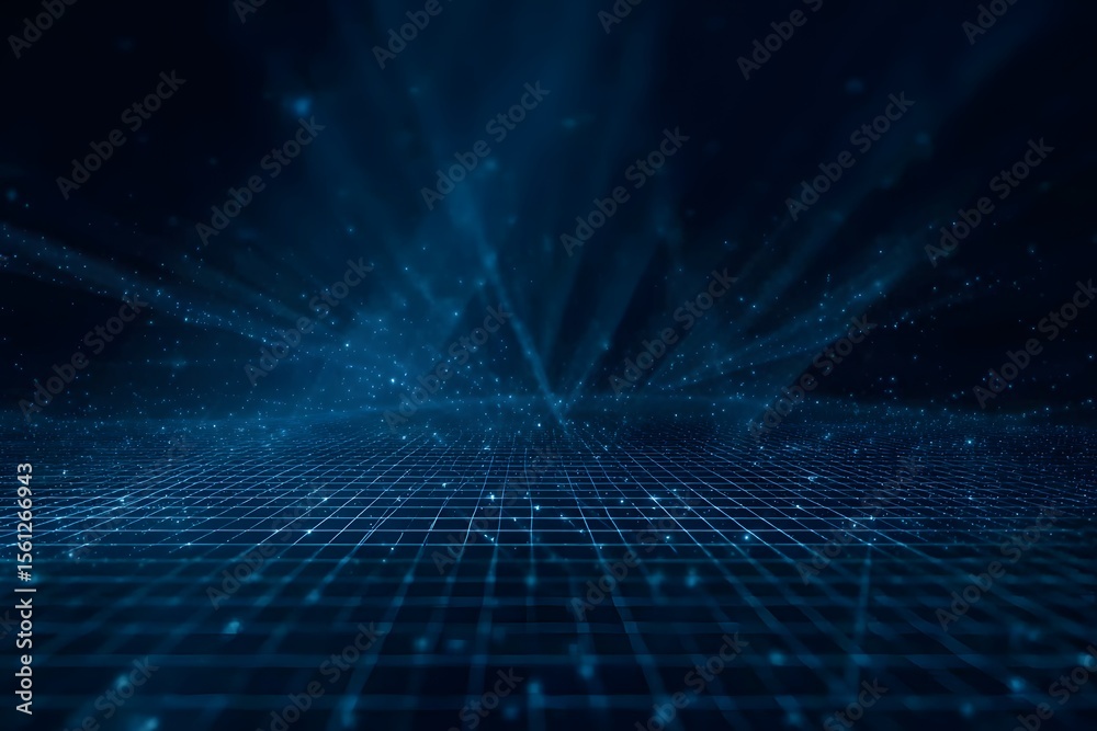 Fototapete abstract blue digital grid background with light rays and space for text. digital technology, big da
