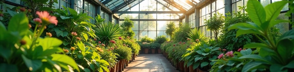 Sunlight Drenched Greenhouse Vibrant Plants and Flowers Thriving in a Lush, Green Oasis. Perfect for gardening, botany, and nature-themed projects.