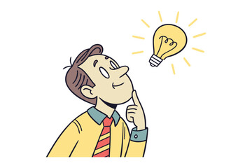 A thoughtful businessman with a lightbulb above his head symbolizing a brilliant new idea or inspiration