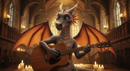 Dragon serenades a medieval hall with acoustic guitar performance and wing span