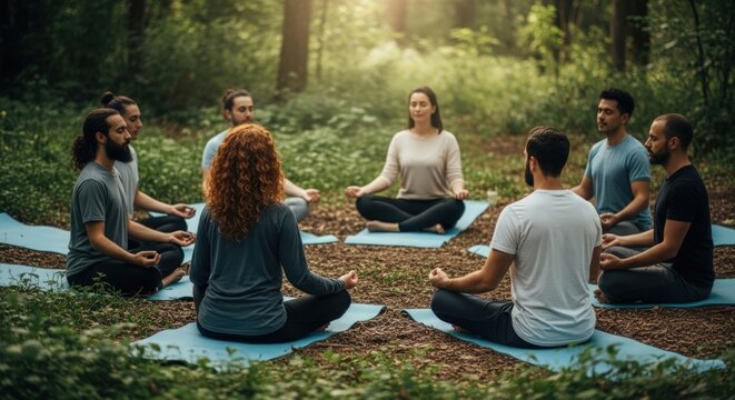 Group of people meditating in a circle outdoors in a forest on yoga mats in a peaceful setting