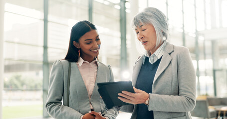 Business, tablet or women in office, discussion or online investment with collaboration. Employees, people or financial advisors in hallway, tech or digital app for inflation report or review revenue