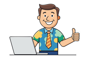 Smiling cartoon man with a laptop and a thumbs up gesture conveying success and positivity in technology and work