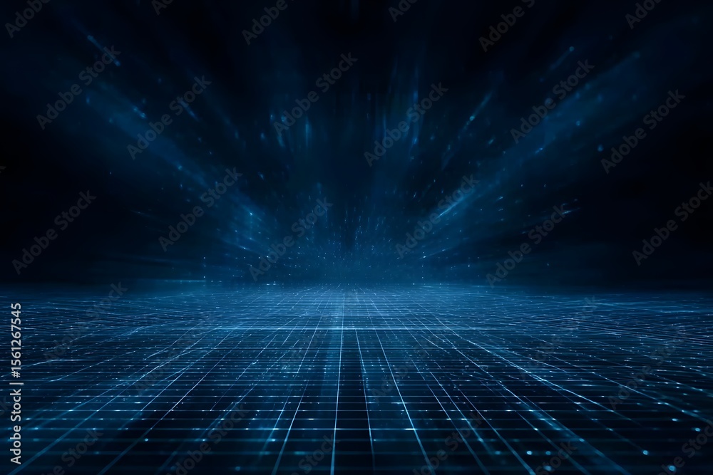 Fototapete abstract blue digital grid background with light rays and space for text. digital technology, big da