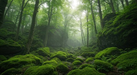 Obraz premium Enchanting Forest Path with Moss-Covered Rocks and Soft Light Filtering Through Dense Canopy