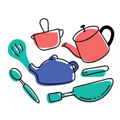 Kitchen utensils vector illustration set with cooking tools and kitchenware icons