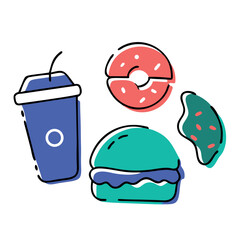 Funny cartoon illustration of fast food items like burgers drinks and snacks