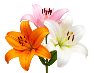 Fototapeta premium Set of Lily Flowers in White, Pink, and Orange, isolated on a transparent background