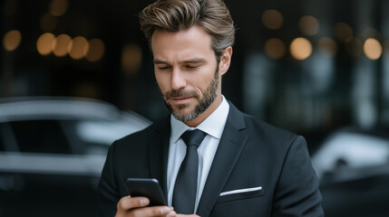 Businessman searching for parking using gps navigation app on smartphone