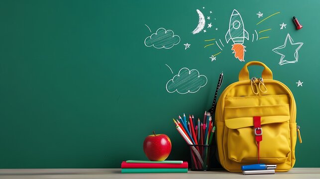 Back to school essentials with a yellow backpack, school supplies, and playful doodles on a green background
